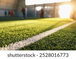 Blurred Soccer Field at School. Young Soccer Players Training on Pitch. Soccer Stadium Grass Background