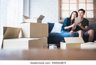 Blurred Soft Images Of Asian Couple, Husband And Attractive Wife Looking And Discuss About Renovating The Old House To Be New Home, To People, Real Estate And Renovation Concept.