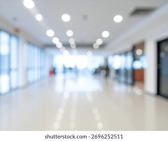 A blurred and soft perspective inside a clean commercial hallway or office building with white walls and shiny floors, providing a neutral background.