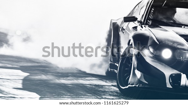 Blurred sport car drifting on speed track. Sport\
car wheel drifting and smoking with flare effect on track. Sport\
concept,drifting car\
concept.