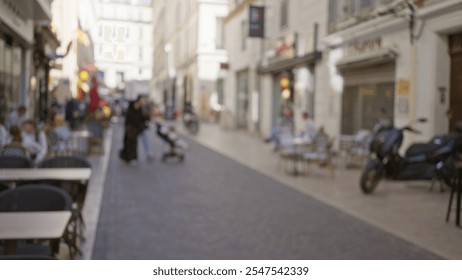 Blurred street in marseilles with people, cafes, cobblestone, tables, and european architecture conveying a busy outdoor atmosphere in france. - Powered by Shutterstock