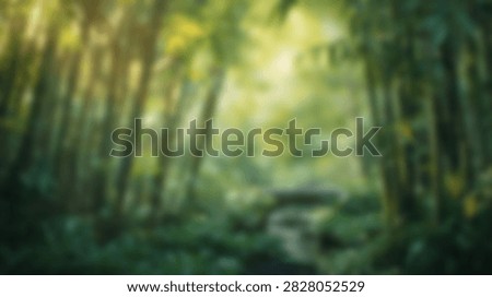 Blurred Sunlit Bamboo Forest Path with Golden Light Rays.