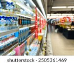 Blurred supermarket aisle with colorful shelves of merchandise. Perspective view of abstract supermarket aisle with copy space, can use as background or retail concept.