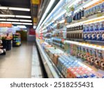 Blurred supermarket aisle with colorful shelves of merchandise. Perspective view of abstract supermarket aisle with copy space, can use as background or retail concept.