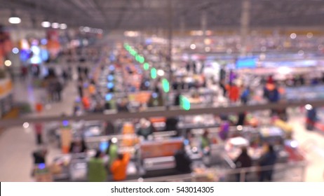 Blurred Supermarket Checkout Area, View From Above. Background Bokeh Shot