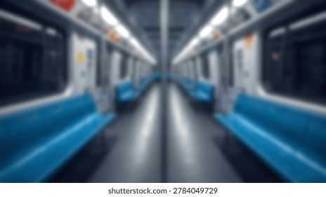 A blurred, symmetrical interior view of an empty modern subway train car features rows of blue seats and bright overhead lighting, creating a sense of depth.
