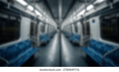 A blurred, symmetrical interior view of an empty modern subway train car features rows of blue seats and bright overhead lighting, suggesting urban travel.