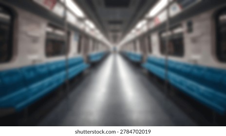A blurred, symmetrical interior view of an empty modern subway train car with prominent teal blue seats and bright white overhead lights, emphasizing urban public transport.