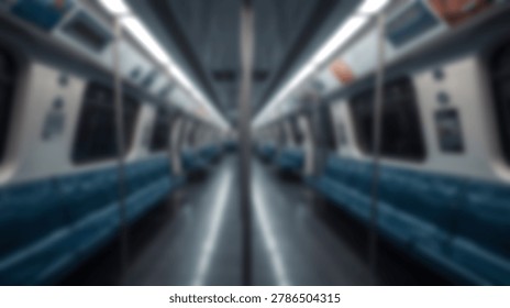 A blurred, symmetrical interior view of an empty modern subway train car, featuring blue seats, white walls, and bright linear ceiling lights, conveying urban transit.