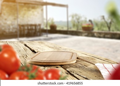 blurred terrace of tuscany and kitchen desk and napkin 