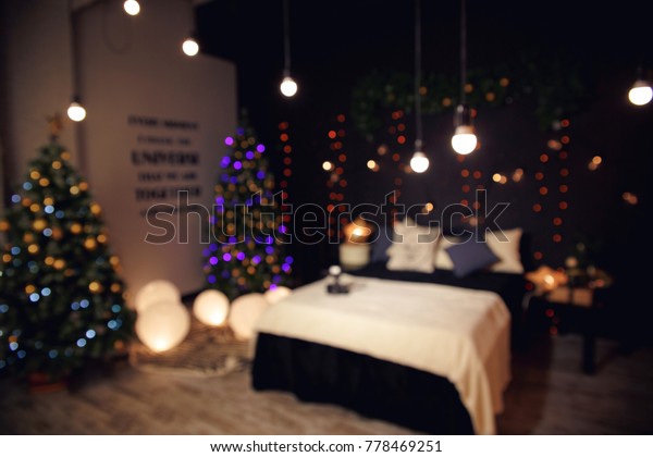 Blurred Texture Room Christmas Lights Bed Stock Photo Edit