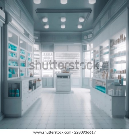 blurred unfocused pharmacy interior with shelves with medicines