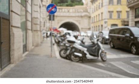 Blurred urban scene featuring out-of-focus street in rome with motorbikes parked along an old town street, capturing the essence of italian city life. - Powered by Shutterstock