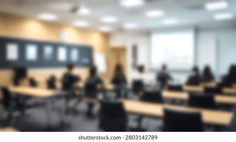 A blurred view of a classroom setting where students are seated at desks, attentively listening to a lecture or presentation.