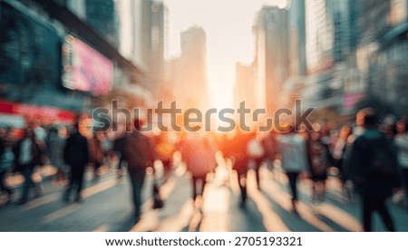Blurred view of a crowd walking down a sunlit city street