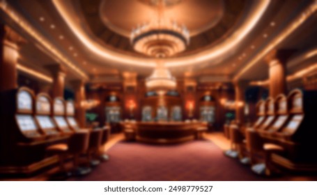 Blurred view of an elegant casino interior with luxurious chandeliers, slot machines, and a bar counter. The warm lighting creates a sophisticated and inviting atmosphere. Ideal for background use. - Powered by Shutterstock