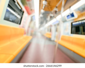 Blurred view of an empty subway train interior with bright yellow seats and stainless steel poles. The modern train car is well-lit, featuring overhead handles and smooth, clean floors,