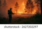 A blurred view of a firefighter combating a large forest wildfire surrounded by tall trees and thick smoke