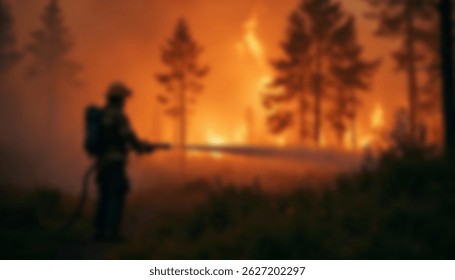 A blurred view of a firefighter combating a large forest wildfire surrounded by tall trees and thick smoke