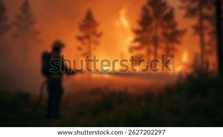 A blurred view of a firefighter combating a large forest wildfire surrounded by tall trees and thick smoke