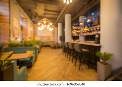 Blurred View Of Modern Cafe Interior, No People, Quarantine Time, Copy Space