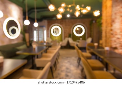 Blurred View Of Modern Cafe Interior, No People, Quarantine Time, Copy Space