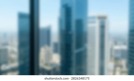 A blurred view of a modern cityscape featuring numerous tall glass skyscrapers, seen from inside a building through a window.