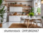 Blurred view of modern living room with sofa and soft bench. room interior with couch, armchair and coffee table or shelving units. stylish living room. comfortable workplace near big window.