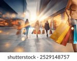 A blurred view of people carrying shopping bags while walking along a city street with bright lights and bokeh effects.