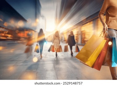 A blurred view of people carrying shopping bags while walking along a city street with bright lights and bokeh effects.