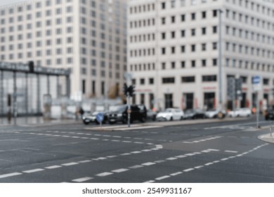 Blurred view of Potsdamer Platz intersection with modern office buildings, urban streets, and a dynamic scene showcasing city life and architecture. - Powered by Shutterstock