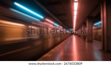 Blurred view of a subway train station platform at night, illuminated by vibrant neon lights.