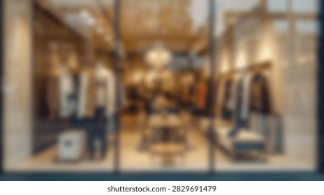 A blurred view through a glass window of a modern retail store showcasing a curated selection of fashionable clothing and accessories on display.