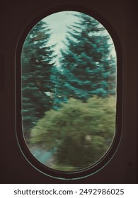 A blurred view of trees through a train window in motion.
