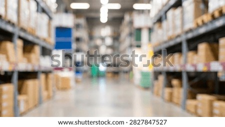 A blurred view of a warehouse interior filled with shelves stacked with boxes, creating a busy and organized storage environment.