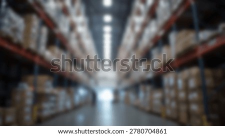 Blurred view of a warehouse interior with rows of shelves stacked with boxes and goods, creating a sense of storage and distribution.