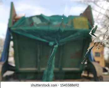 Blurred View From Window On Green Garbage Truck, Trash Car Outdoor, Garbage Waste, Green Eco Concept