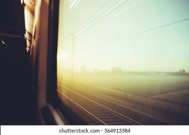 Blurred Vintage Filtered Countryside View By A Train Window - Travel, Transport, Journey Concept