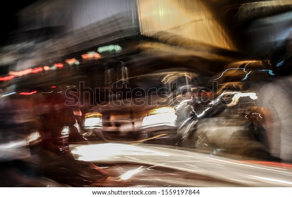 Blurred vision due to alcohol and\
driving  at night with out of focus, drug dizziness while drive car\
with speed and dazzlement concept, car accident\
hallucination