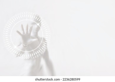 Blurred White Robot Cyborg Man with Hand Touching on Motion Hi Tech Circle Interface HUD, Suitable for Technology Concept.