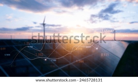 Blurred Windmill and solar panel graphic diagram of air currents that produce green energy. Digital graphic work on green energy power Production. Green energy power production. 