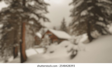 Blurred Winter Background of Winter Cabin Surrounded by Snowy Mountains and Trees - Powered by Shutterstock