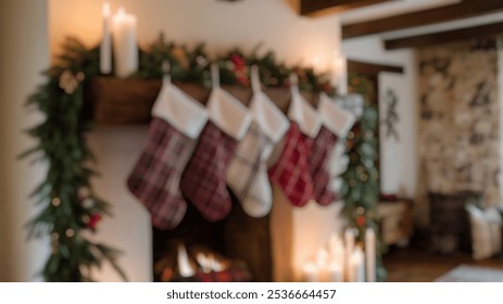 Blurred Winter Background of Cozy Christmas Scene with Hanging Stockings and Candles - Powered by Shutterstock