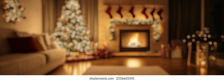 Blurred Winter Background of Blurred Winter Background of Cozy Living Room with Christmas Tree and Fireplace - Powered by Shutterstock