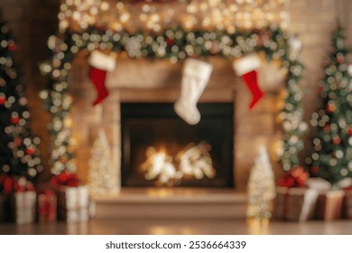 Blurred Winter Background of Blurred Winter Background of Festive Fireplace with Twinkling Garlands and Stockings - Powered by Shutterstock