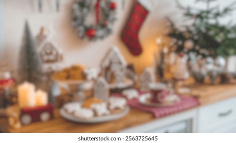 Blurred Winter Background of Festive Kitchen Counter with Holiday Cookies and Decorations - Powered by Shutterstock