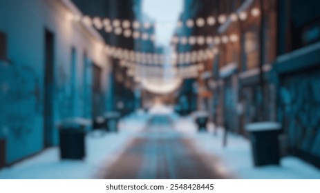 Blurred Winter Background of Festive Snowy Urban Alley with String Lights - Powered by Shutterstock