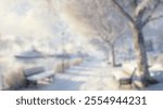 Blurred Winter Background of Blurred Winter Background of Serene Winter Scene with Snow-Covered Trees and Benches