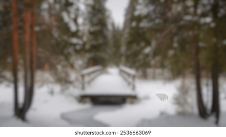 Blurred Winter Background of Snow-Covered Footbridge Over Frozen Stream - Powered by Shutterstock