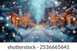 Blurred Winter Background of Blurred Winter Background of Snowy City Street at Twilight with Holiday Lights